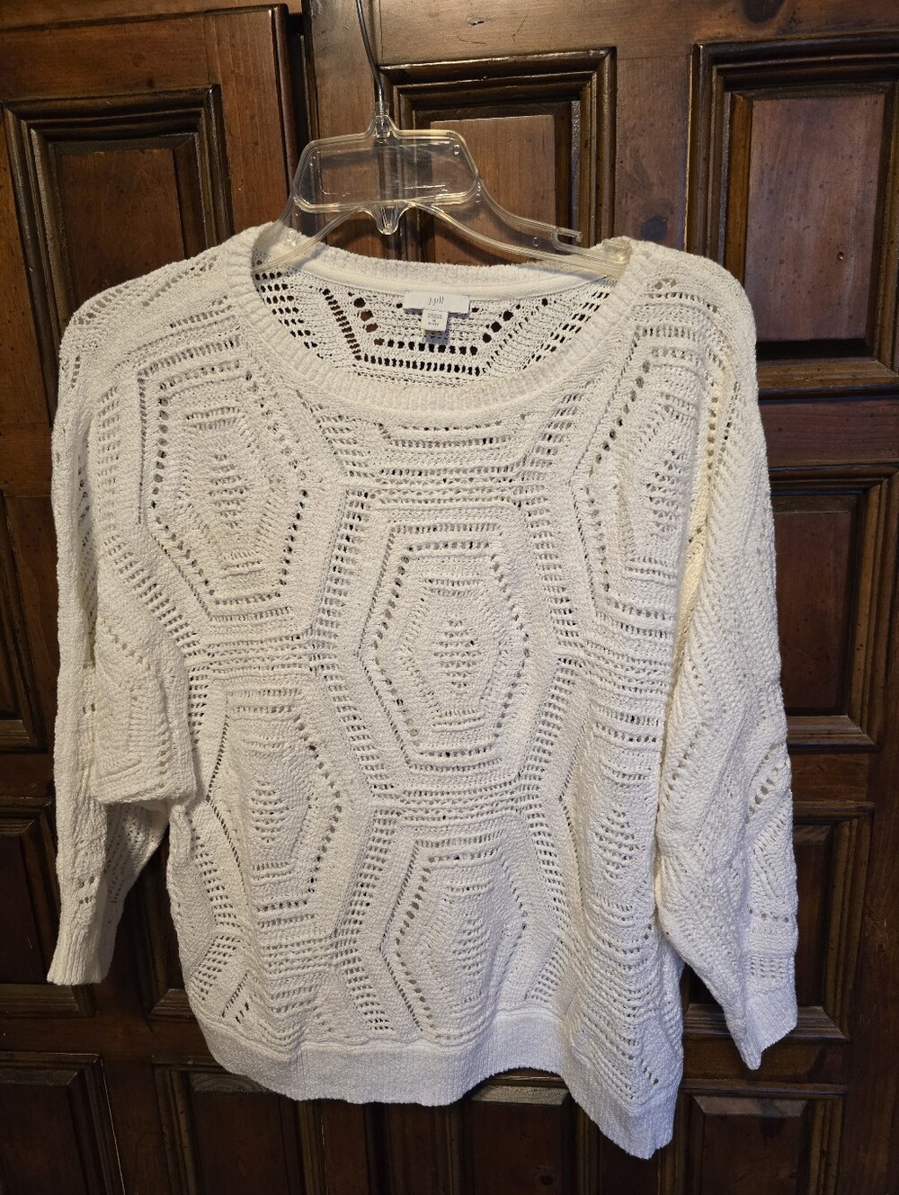 J. Jill White Cotton Blend Open-Knit Geometric Boat Neck Pullover Sweater PM